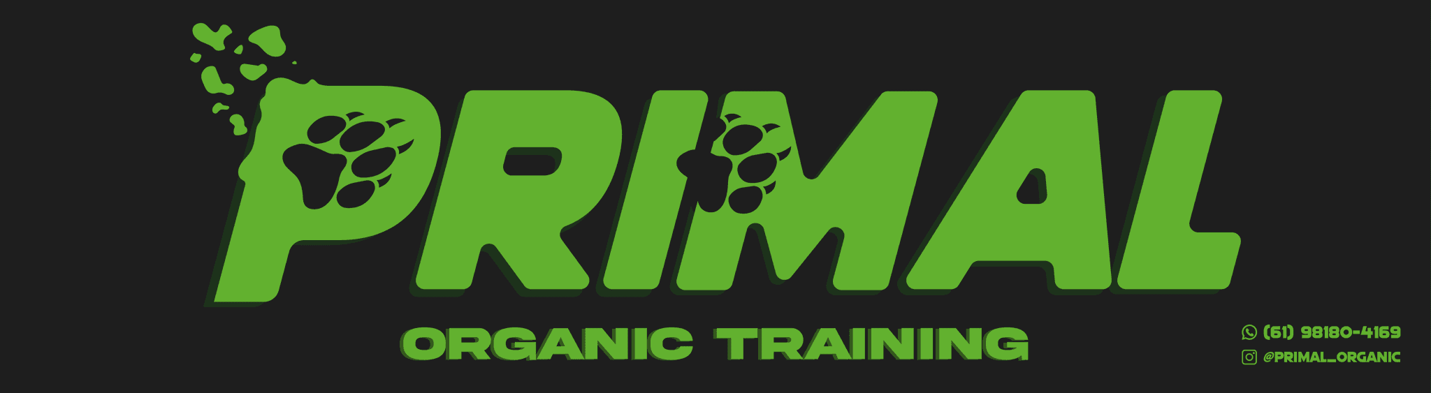 Logotipo PRIMAL Organic Training em verde sobre fundo preto, com pegadas de animal.