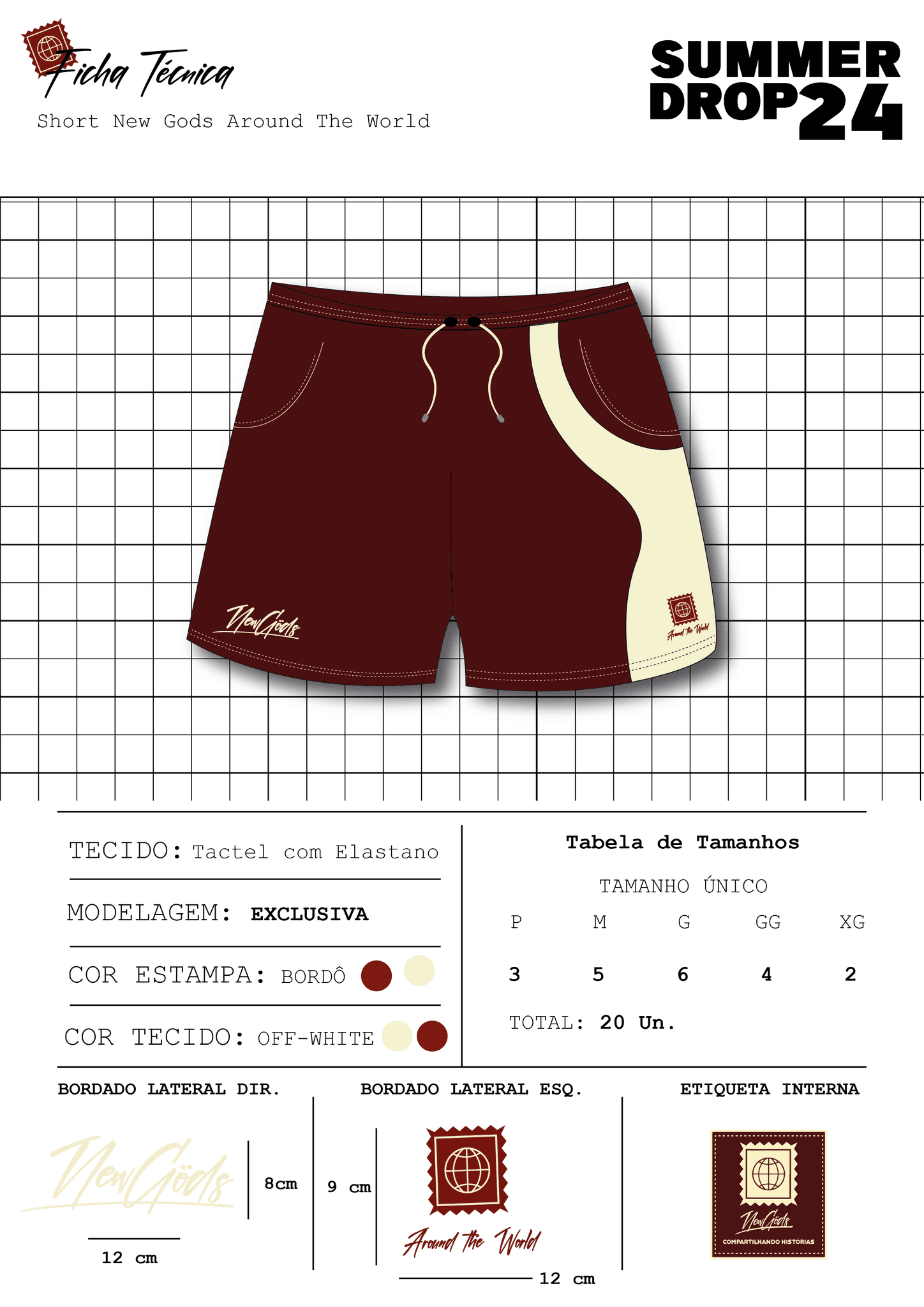 Ficha técnica do short bordô com detalhe off-white da coleção Summer Drop 24, com tabela de tamanhos e bordados.