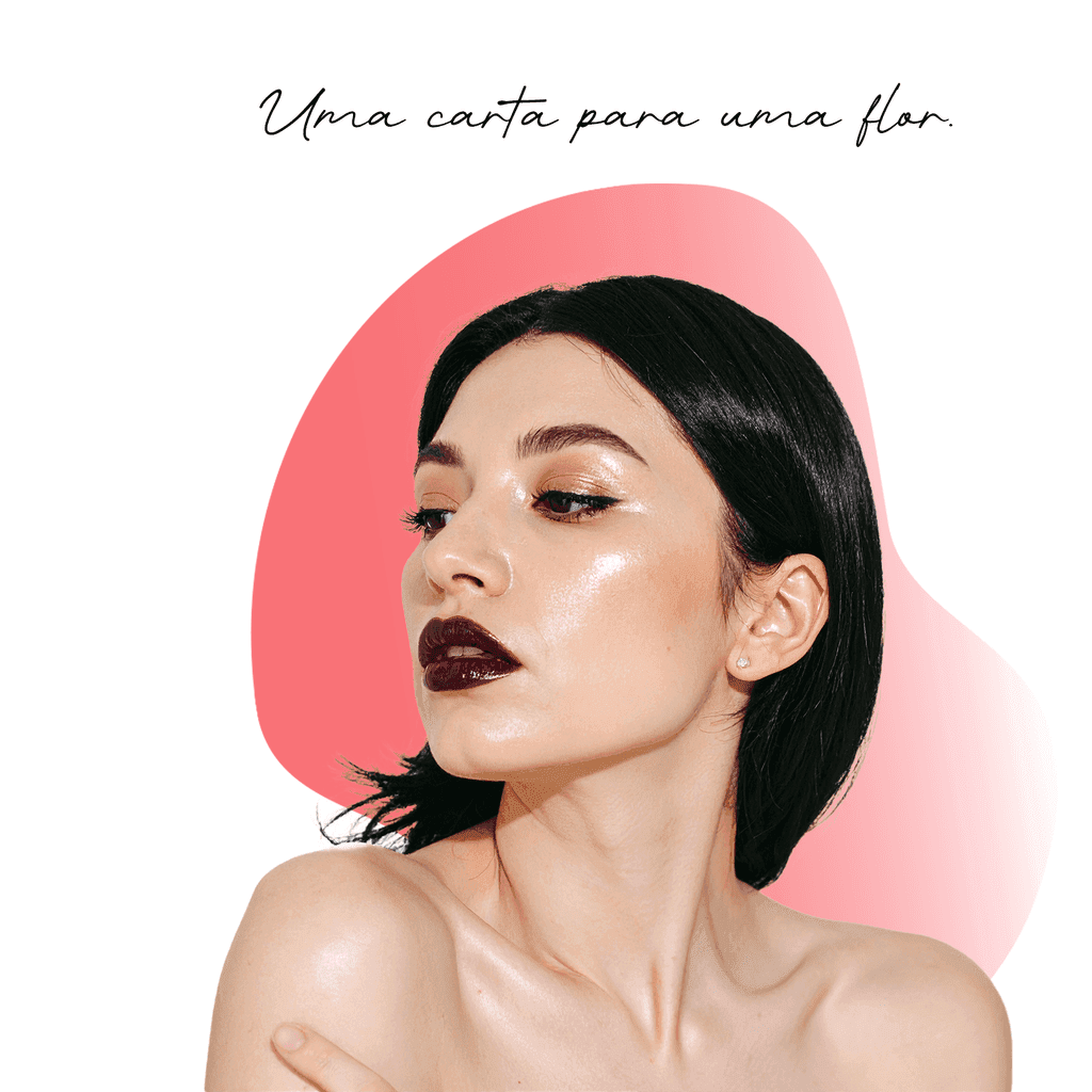 Composição da ISLORE com retrato de mulher, forma rosa e a frase “Uma carta para uma flor”.