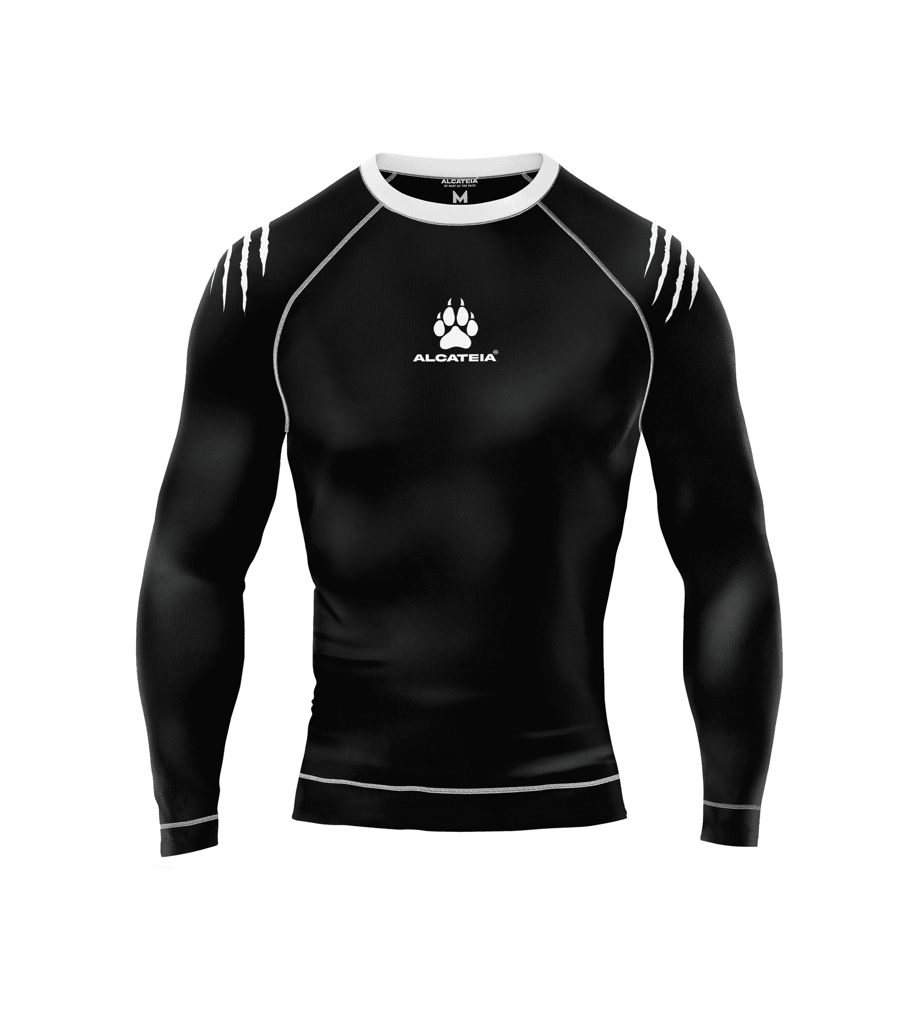 Visualização de camiseta esportiva preta de manga longa, com marca ALCATEIA no peito e grafismos nos ombros.