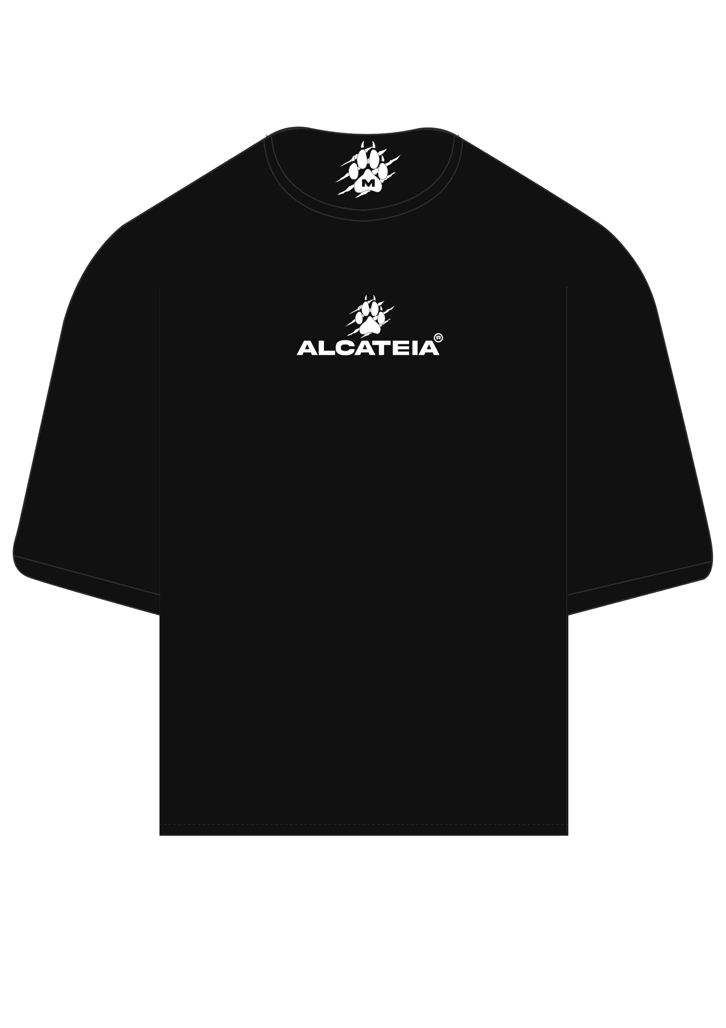Visualização da frente de camiseta preta com o símbolo de pata e o nome ALCATEIA em branco.