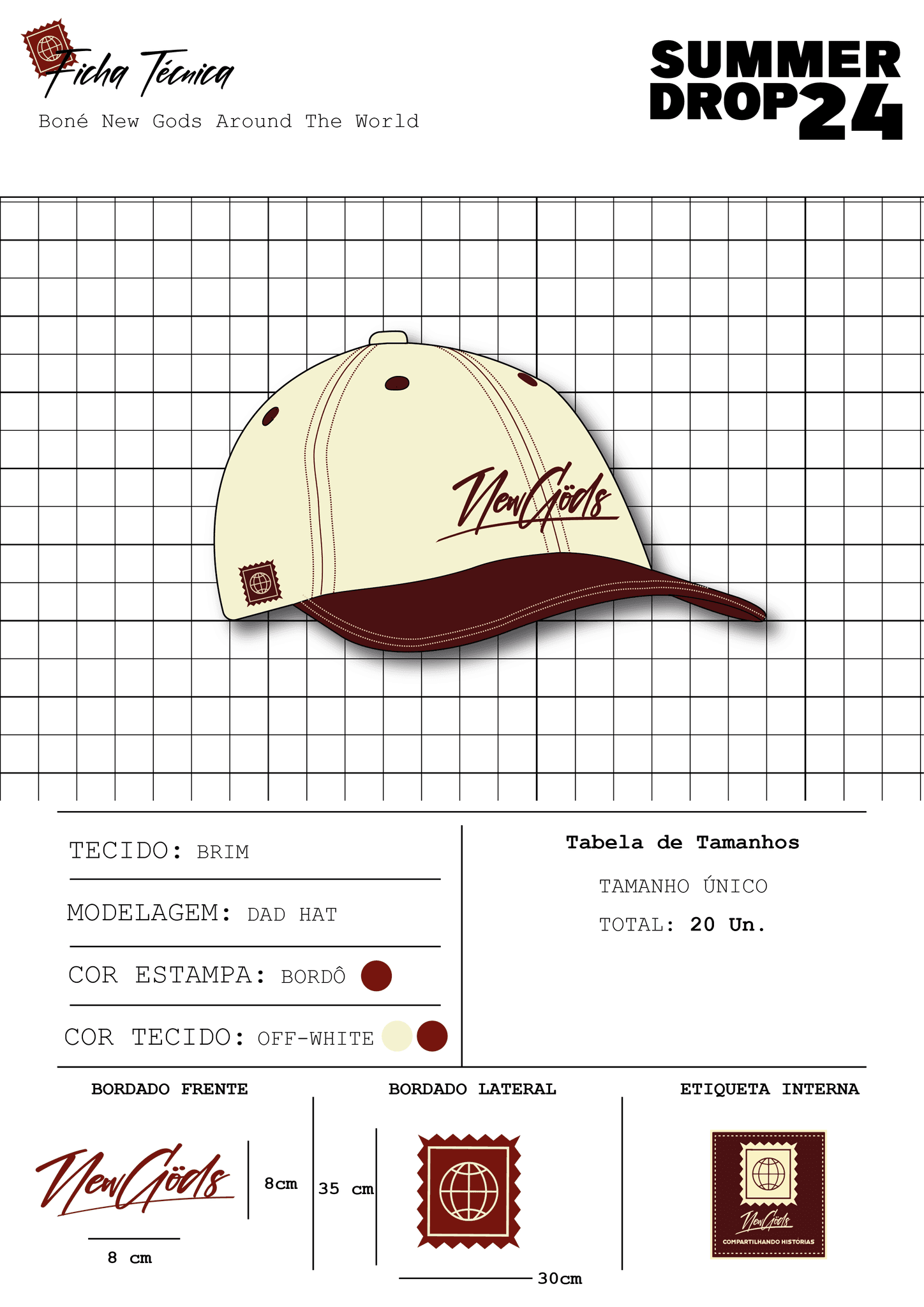Ficha técnica do boné off-white com aba bordô da coleção Summer Drop 24, com tabela de tamanhos e bordados.