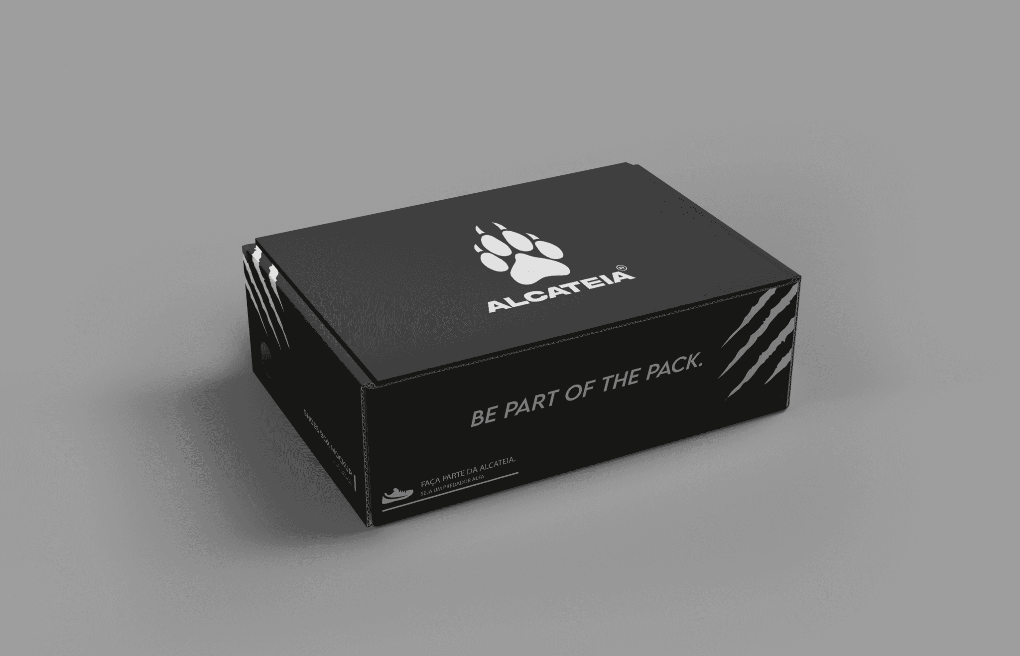 Mockup de caixa preta ALCATEIA com símbolo de pata, marcas de garras e a frase “Be part of the pack”.